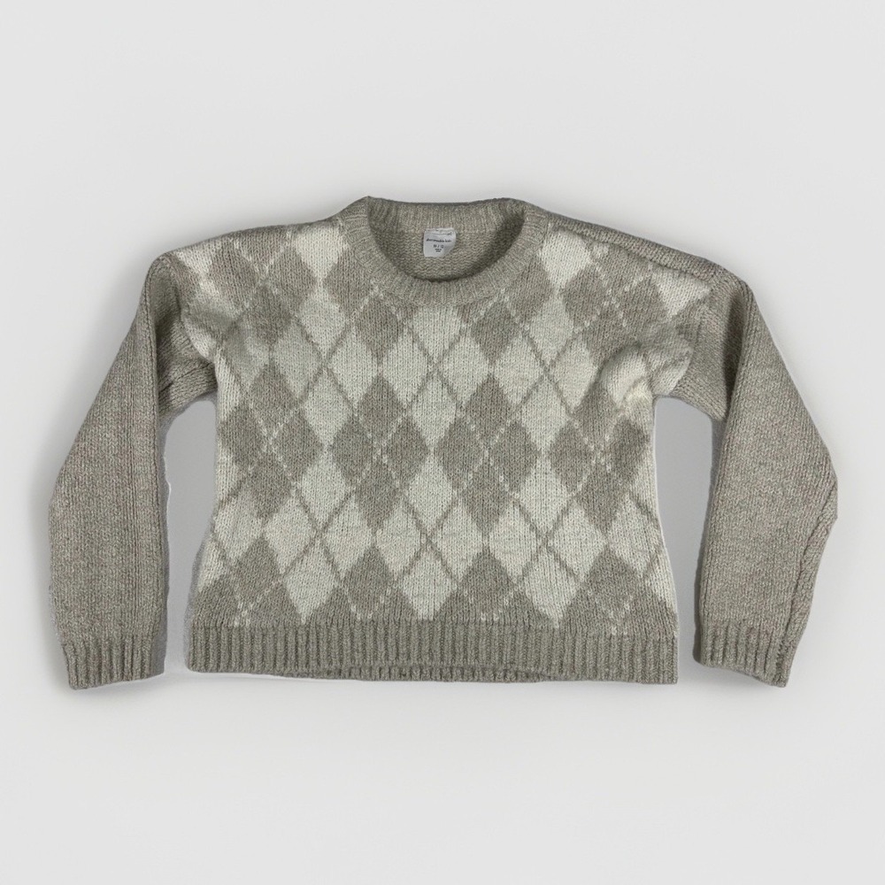 Abercrombie Sweater Girls 11/12 Beige Cotton Argyle Diamond Knitted Ribbed‎ Hem